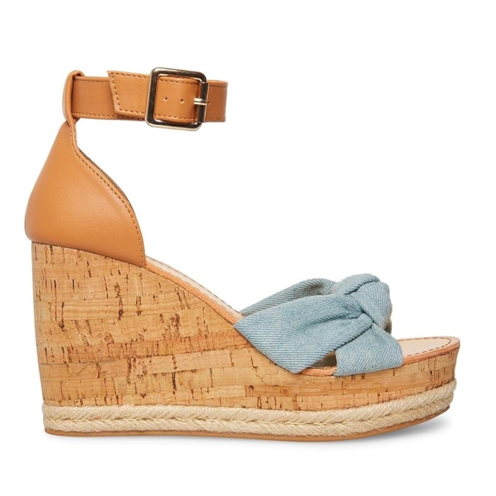 Madden Girl Tan Cork Wedge Sandals with Light Blue Knotted Straps